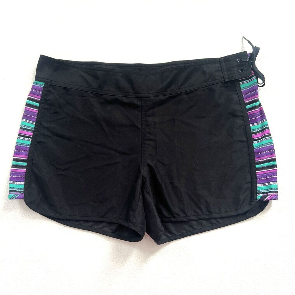 Athleta Black Purple Teal Stripe Print Tie Santa Cruz Board Shorts 964566 14